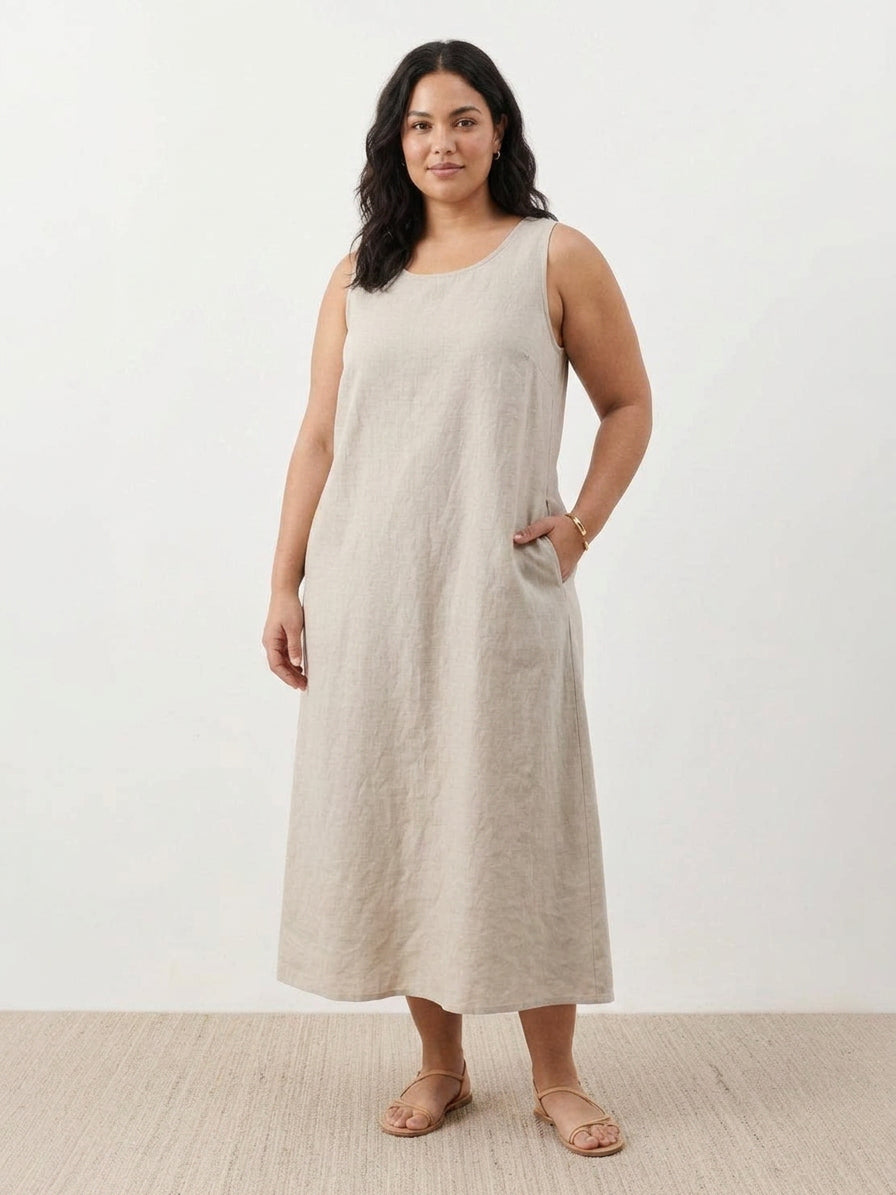Ella - Cotton Linen Sleeveless Dress - Plus size model