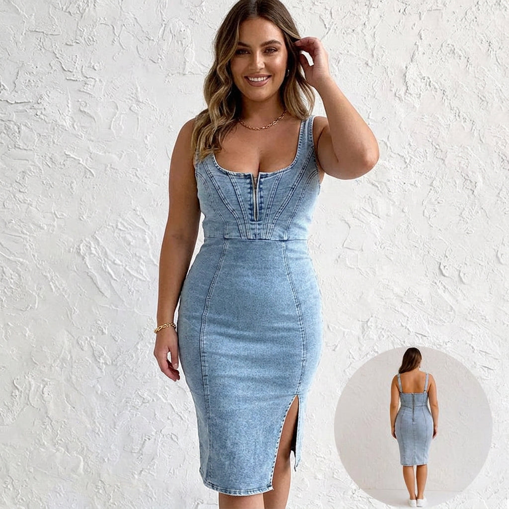 Megan | Vintage Wash Denim Bodycon Midi Dress - Plus size model
