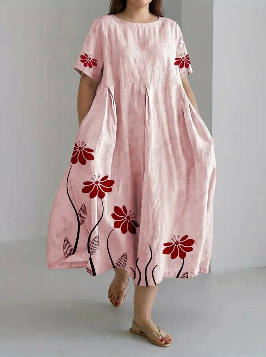 Women's Retro Botanical Floral Design Printed Casual Loose Dress - Plus size model