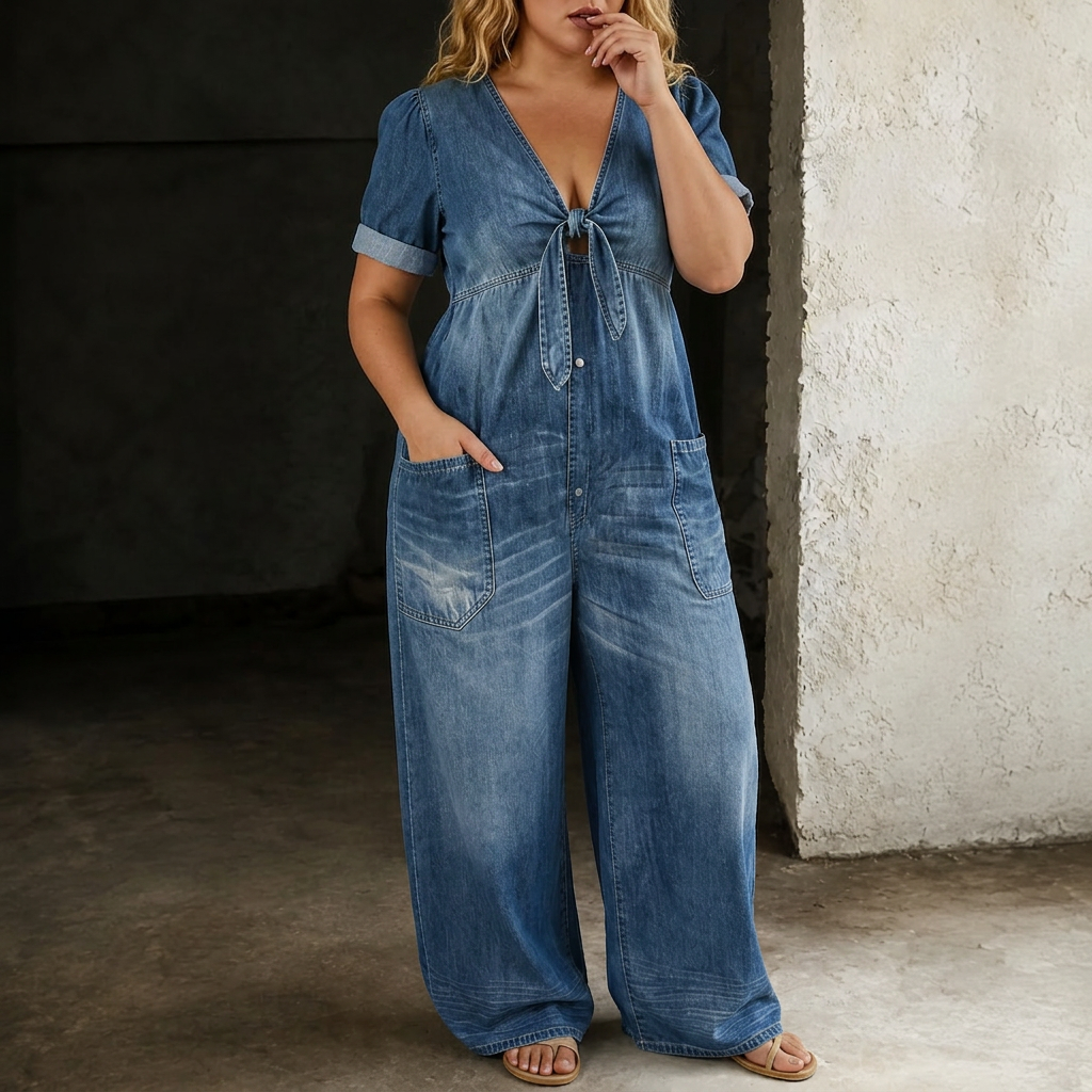 Maya | Wide Leg Denim Jumpsuit - Plus size model