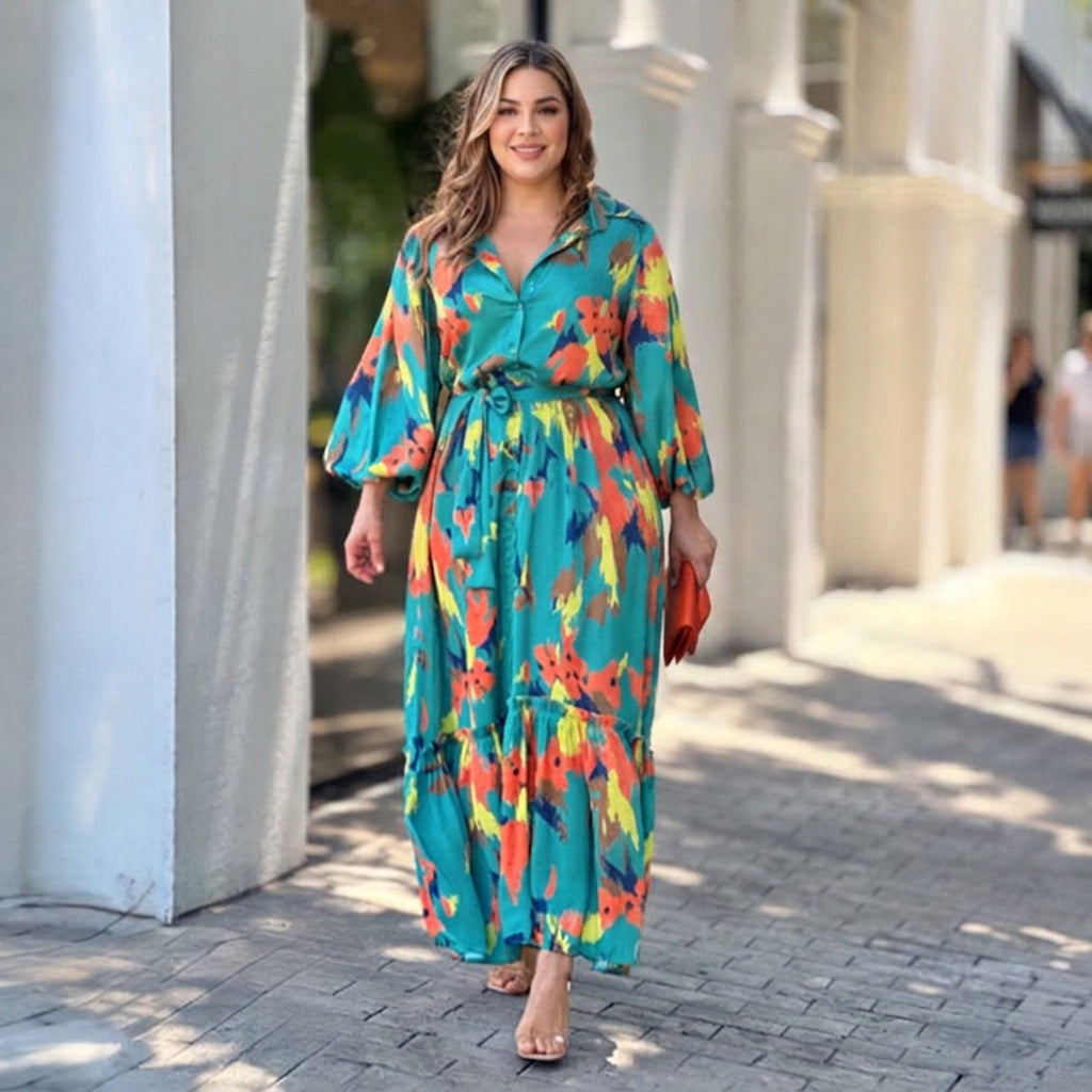 Evelyn Printing Lapel Maxi Dress: Elegant Vintage Flow - Plus size model