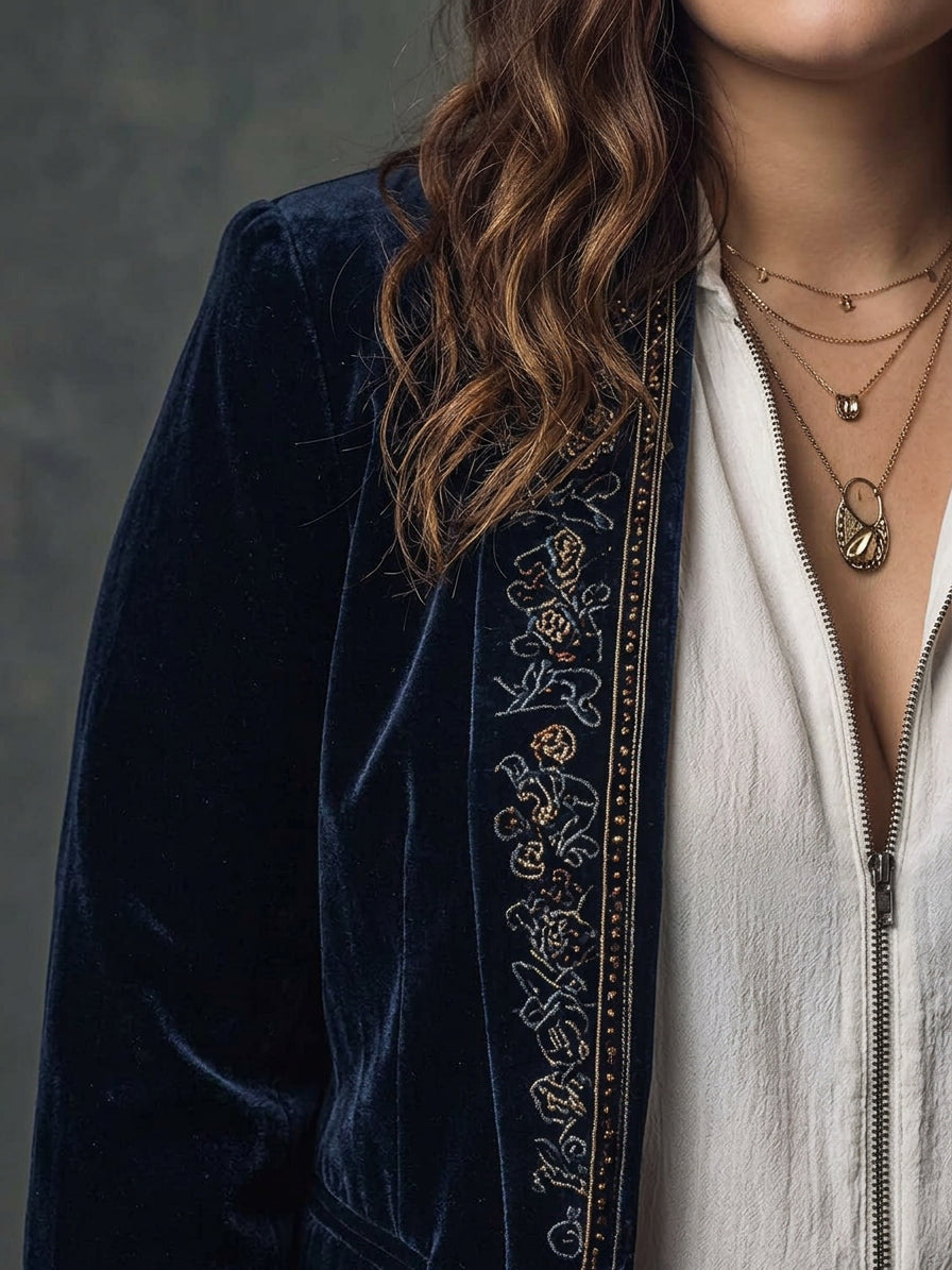 Women’s Vintage Navy Embroidered Longline Jacket - Plus size model