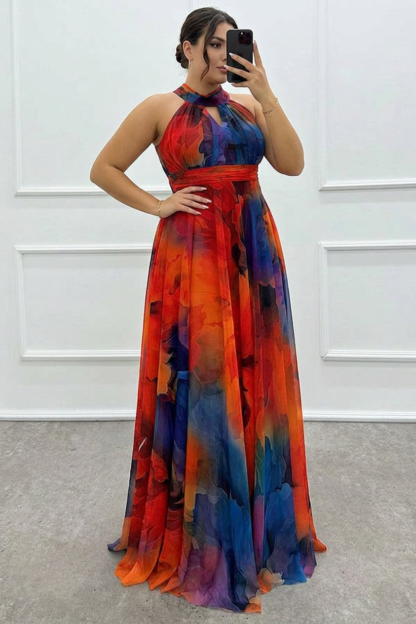 Elaine - Tulle maxi dress with floral print, cut-outs and halterneck - Plus size model