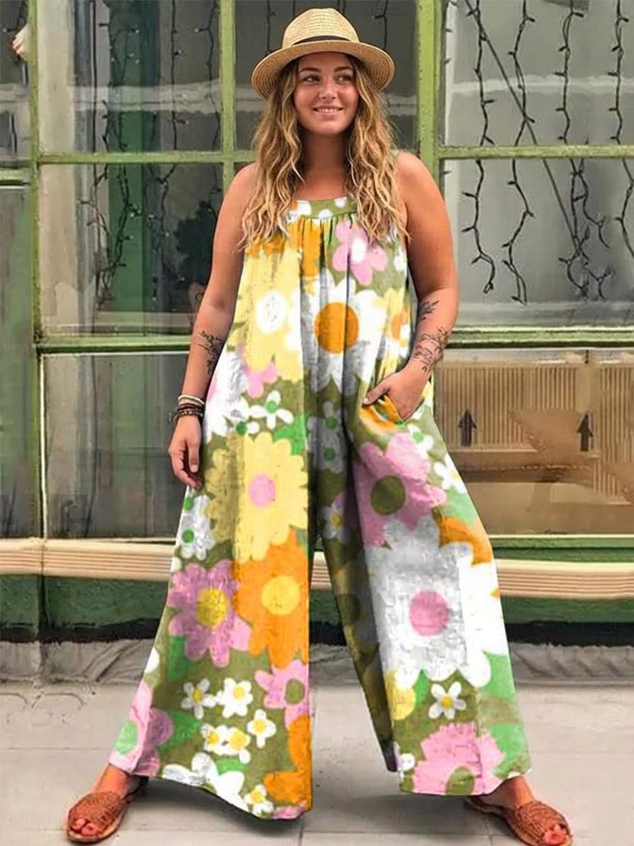 Nova - Loose Multicolor Sunny Flower Print Jumpsuit - Plus size model