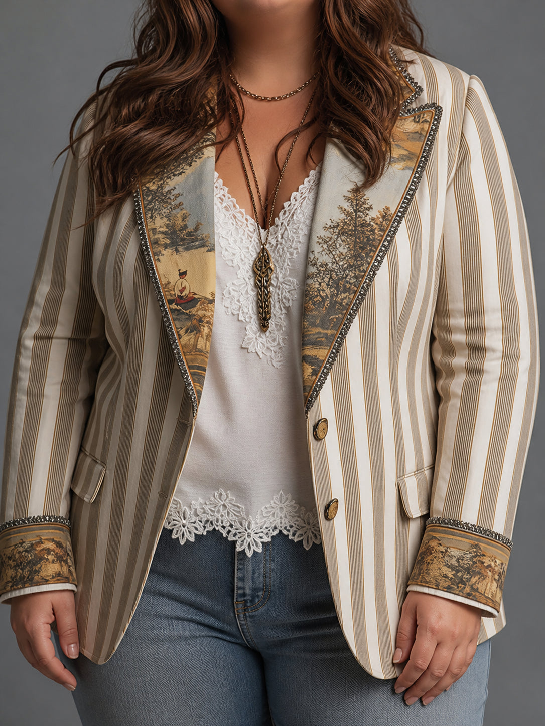 Women’s Boho Striped Printed Lapel Blazer - Plus size model