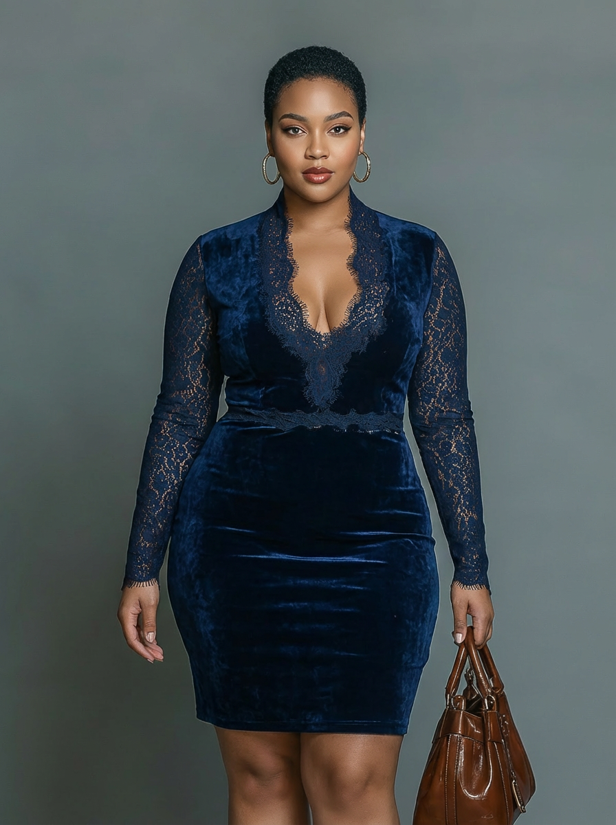 Elegant and Fashionable Dark Blue Velvet Midi Slim-fit V-neck Dress for Women with Lace Neckline and Sleeves - Plus size model