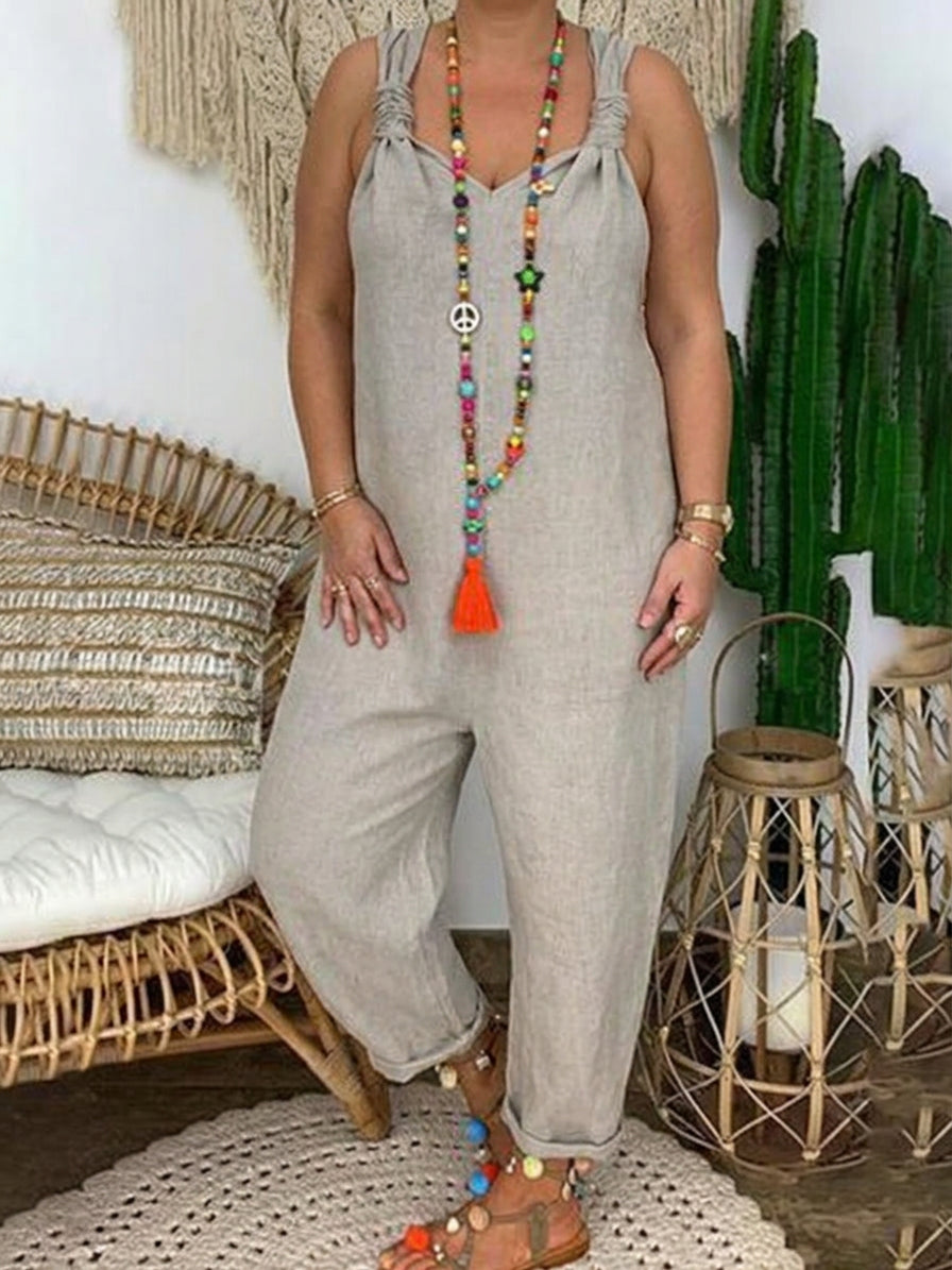 Carter - Solid Cross-back Cotton Linen Loose Jumpsuit - Plus size model