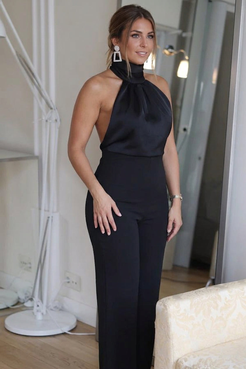 Rowan - Thriving All Night Satin Halter Neck Jumpsuit - Plus size model