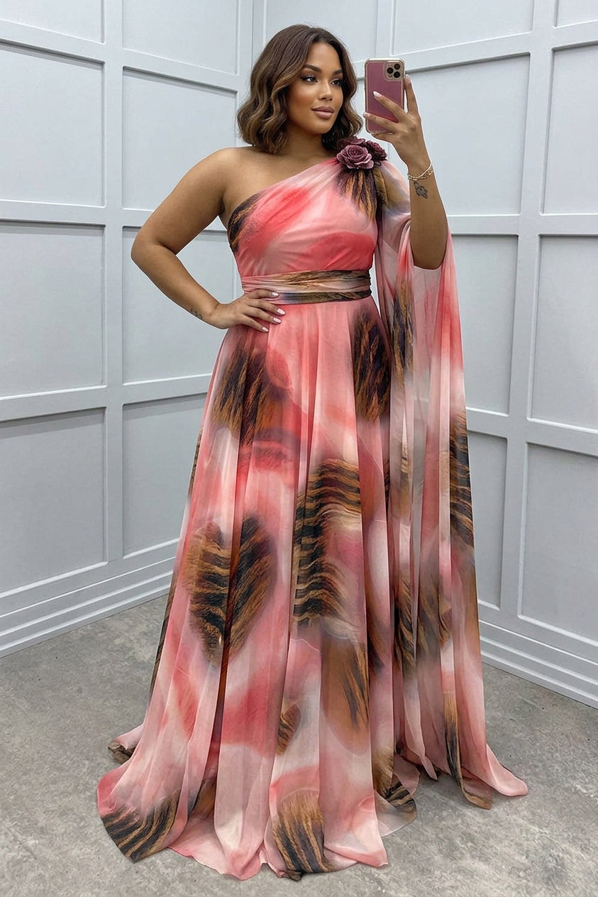 Lilliagirl-  Chiffon Printed Off-Shoulder Dress - Plus size model