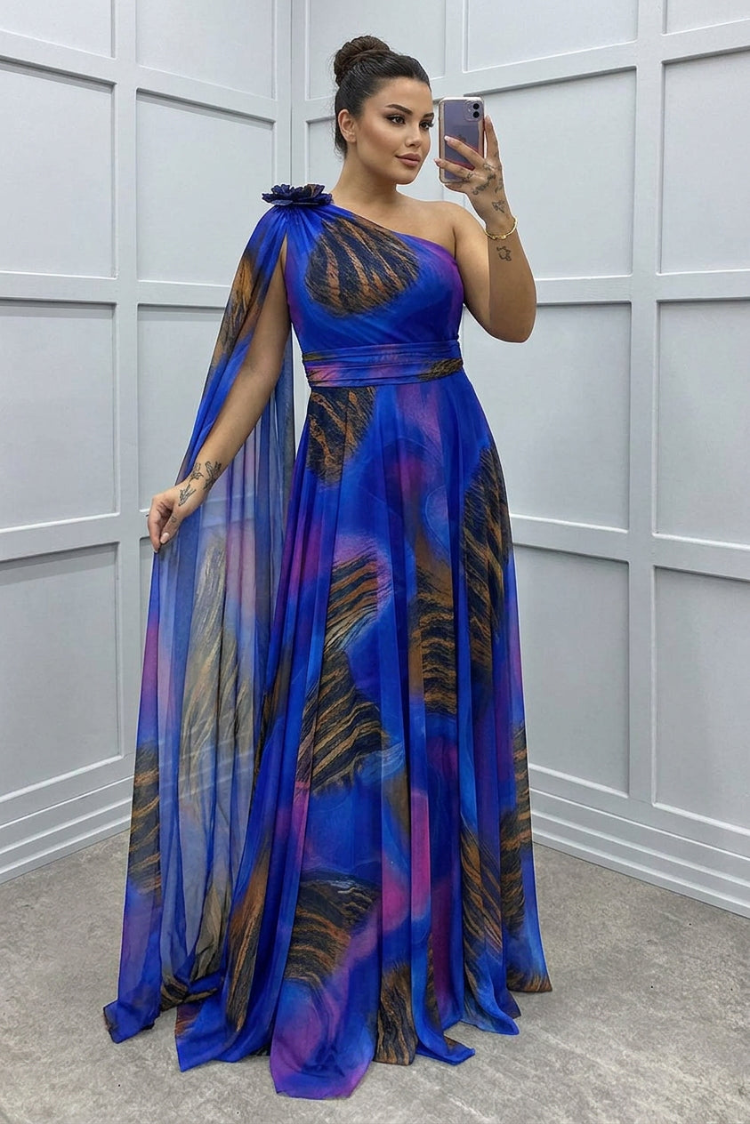 Lilliagirl-  Chiffon Printed Off-Shoulder Dress - Plus size model