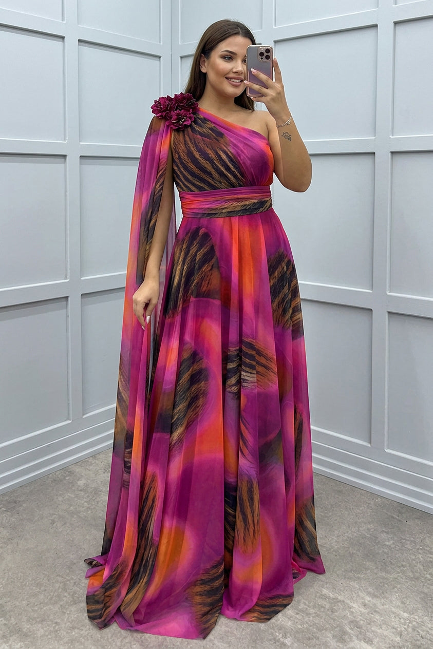 Lilliagirl-  Chiffon Printed Off-Shoulder Dress - Plus size model