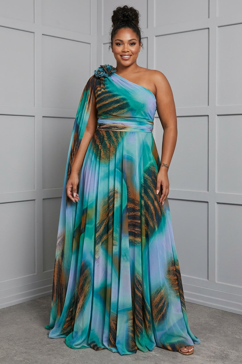 Lilliagirl-  Chiffon Printed Off-Shoulder Dress - Plus size model