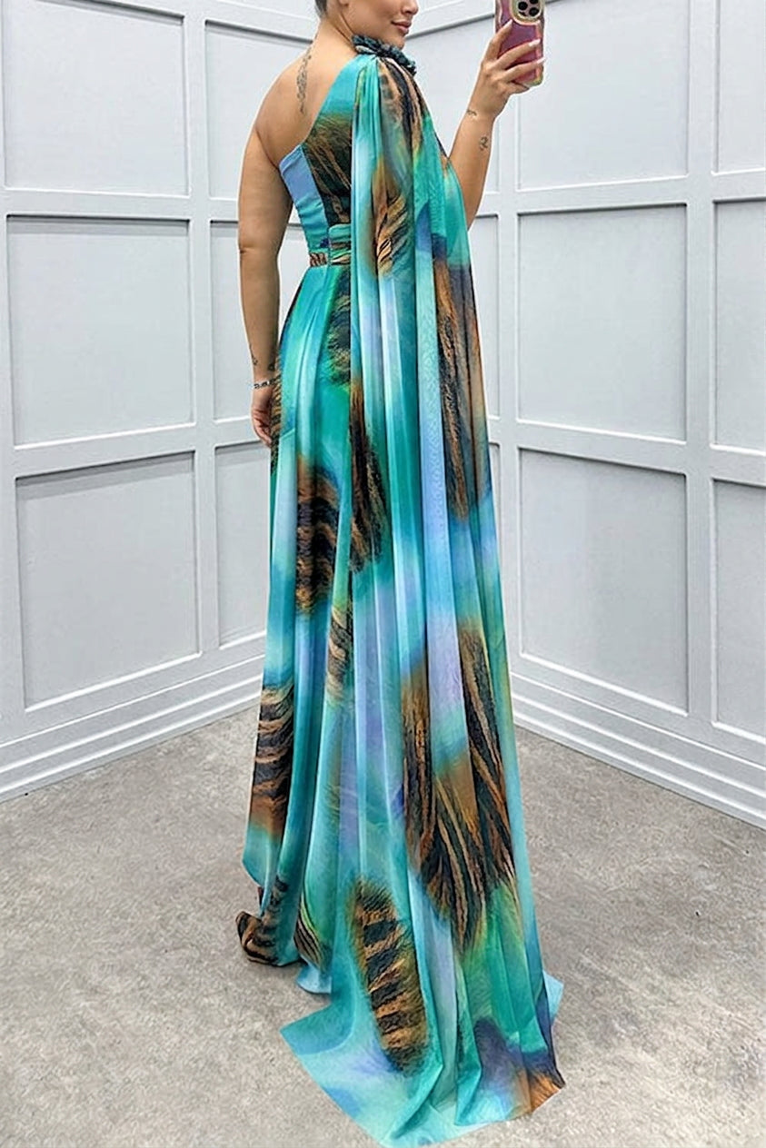 Lilliagirl-  Chiffon Printed Off-Shoulder Dress - Plus size model