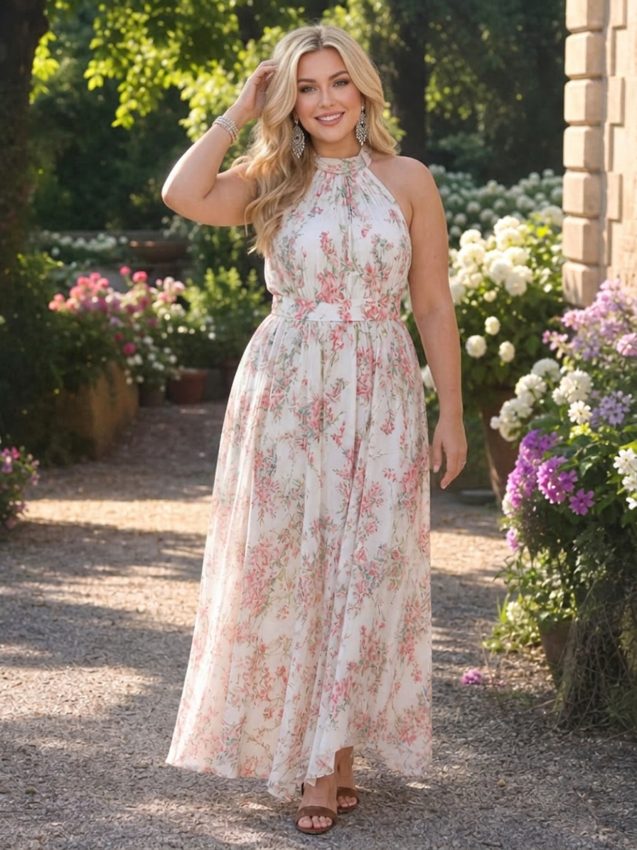 Guinevere | Floral Print Flowing Skirt Midi Dress - Plus size model