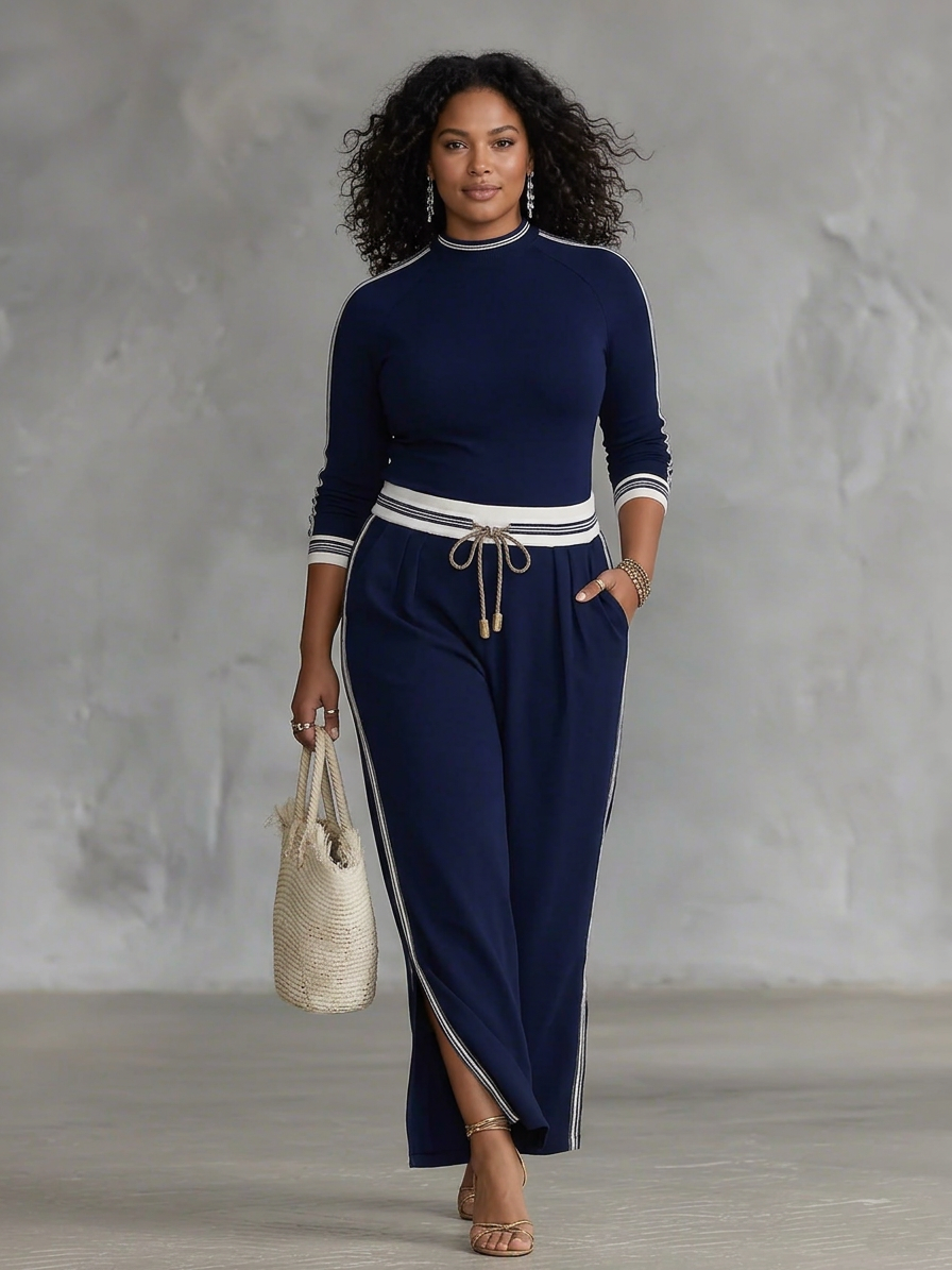 Women's Two-Piece Set: Long Sleeve Sporty T-Shirt with High Neck and Loose Pants with Drawstring - Plus size model