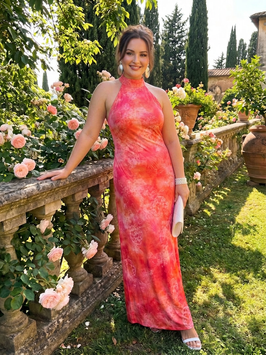 Coraline | Halter Neck Printed Pattern Maxi Dress - Plus size model
