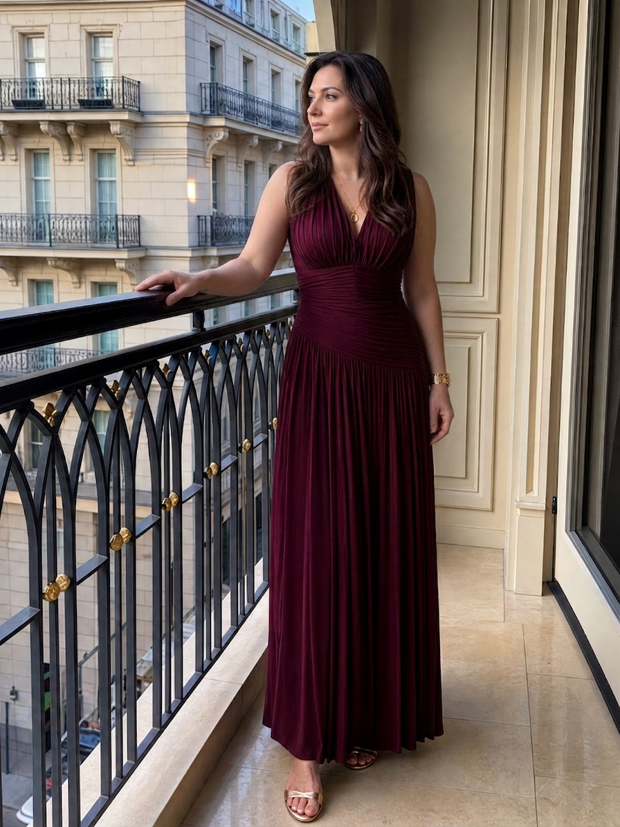 Lemar | Sleeveless Pleated V Neck Midi Dress - Plus size model