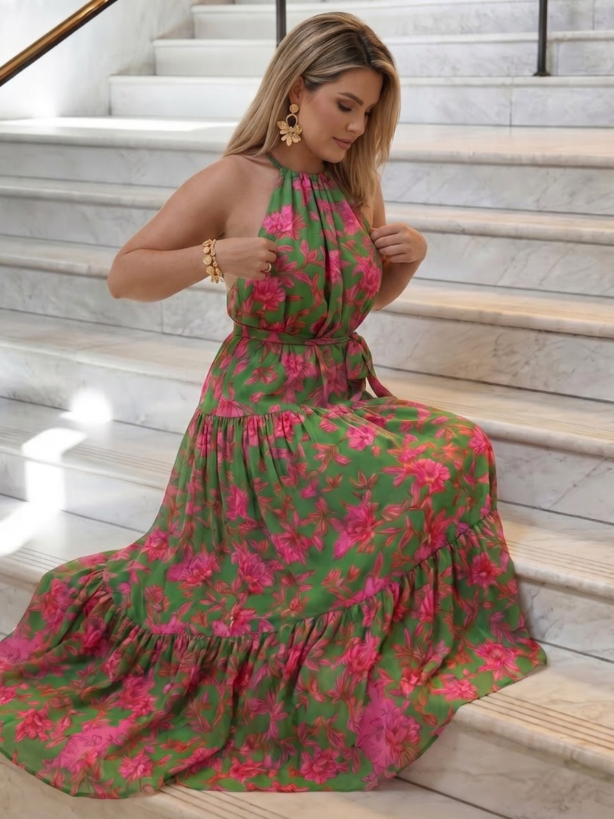 Rowen | Draped Halter Midi Dress - Plus size model