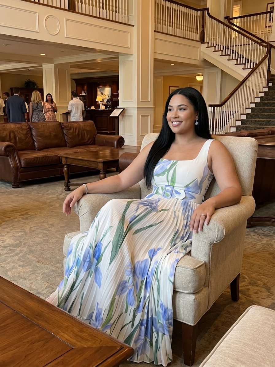 Ophelia | Sleeveless Square Neck Floral Print Midi Dress - Plus size model