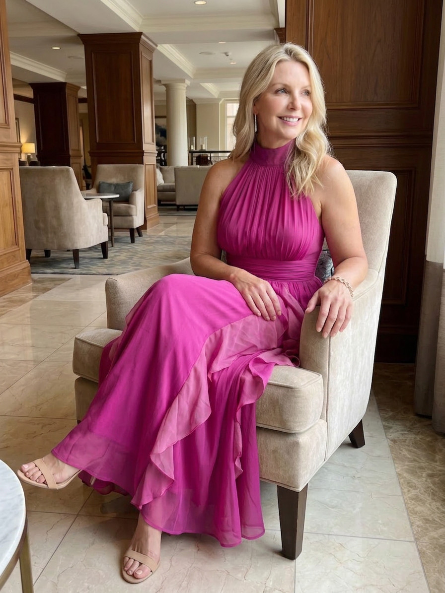 Orea | High Neck Gathered Ruffle Layers Maxi Dress - Plus size model