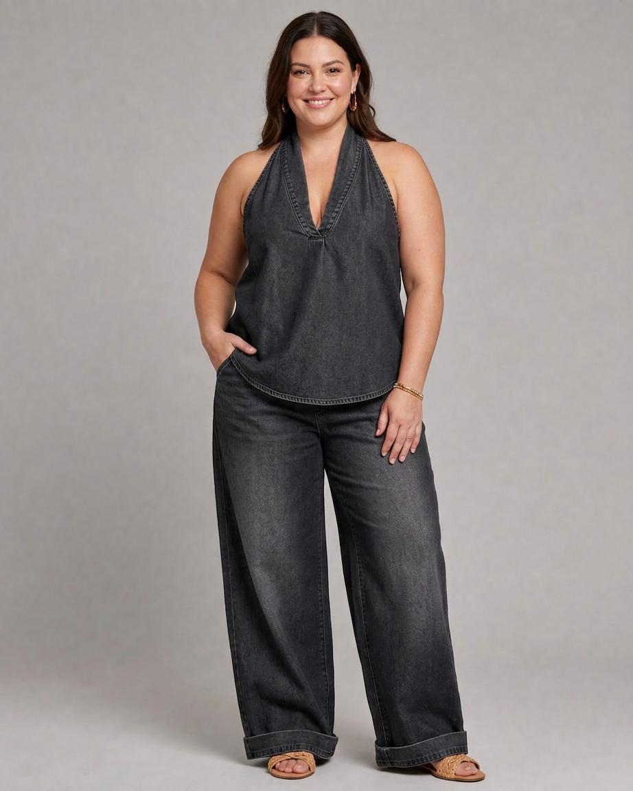 Zorelle | Halter Neck Denim Top And Wide Leg Pants Set - Plus size model