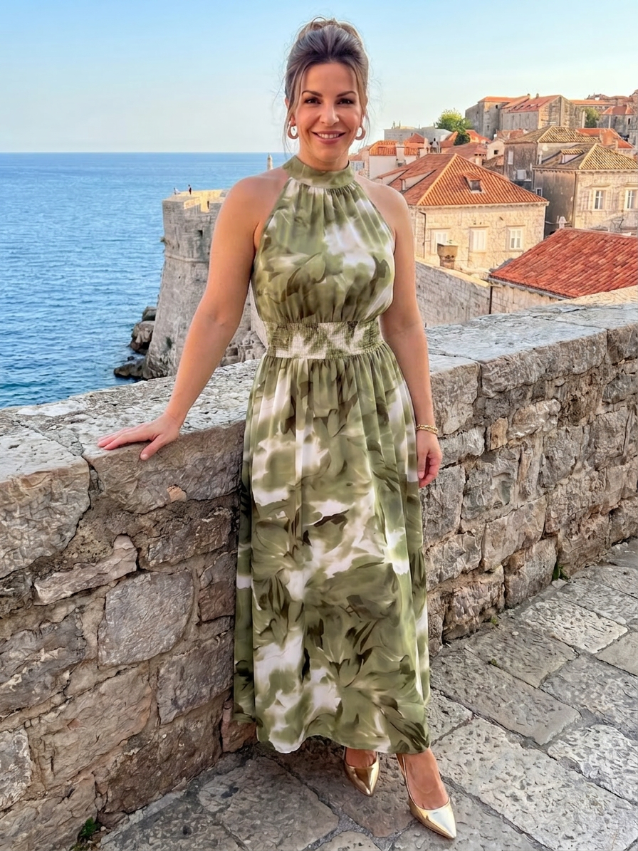 Olivia | Gathered Waist Abstract Print Midi Dress - Plus size model