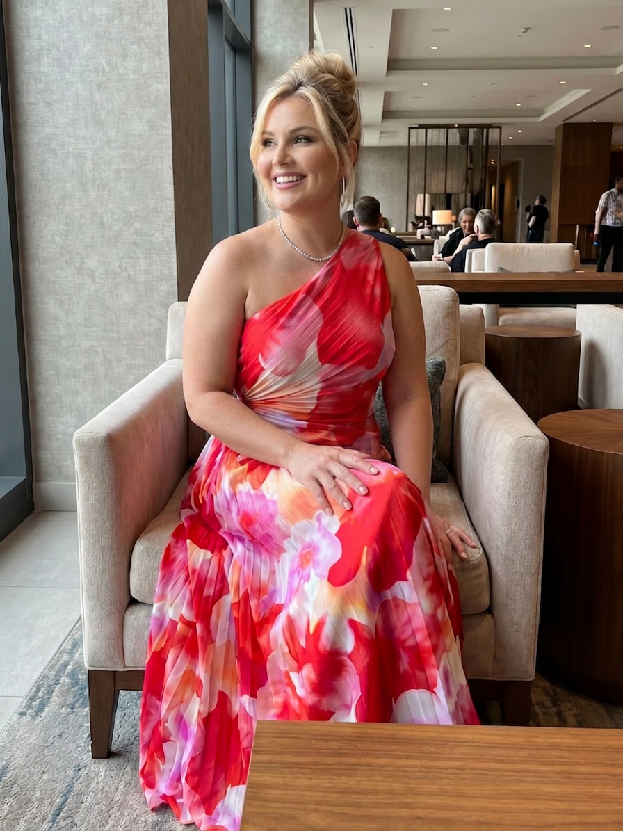 Taya | One Shoulder Pleated Bodice Midi Dress - Plus size model