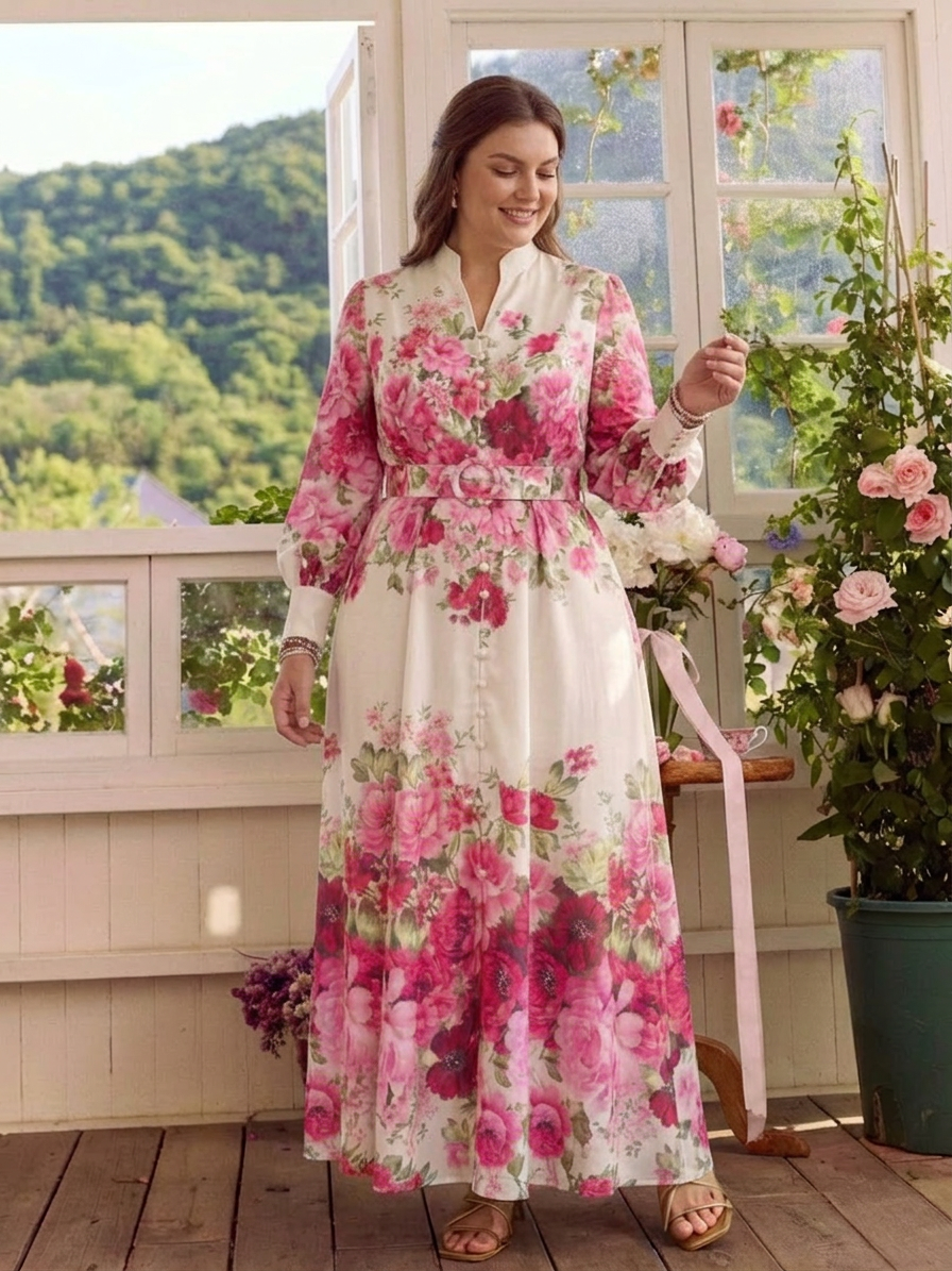 Kennedy | Long Sleeve Floral Belted Maxi Dress - Plus size model