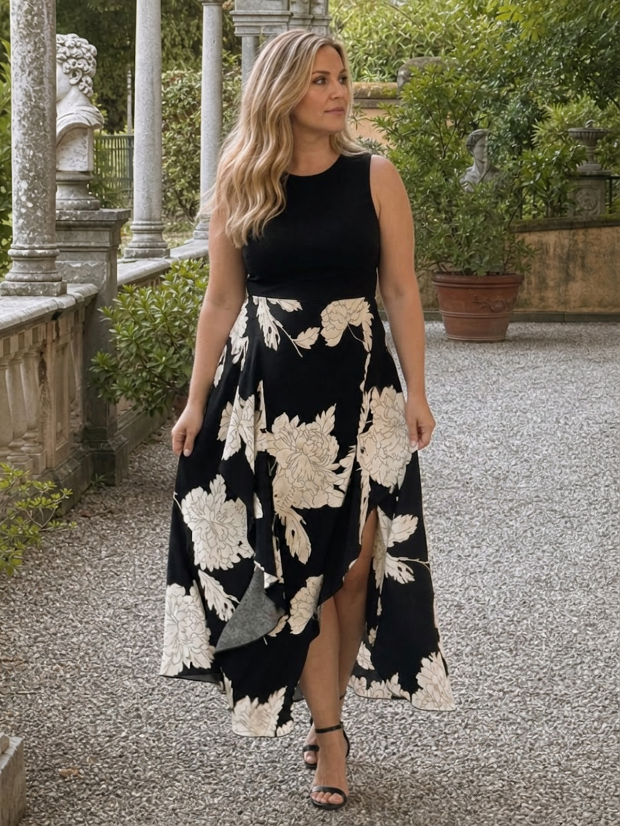 Klasen | Sleeveless Floral Print High Low Hem Midi Dress - Plus size model