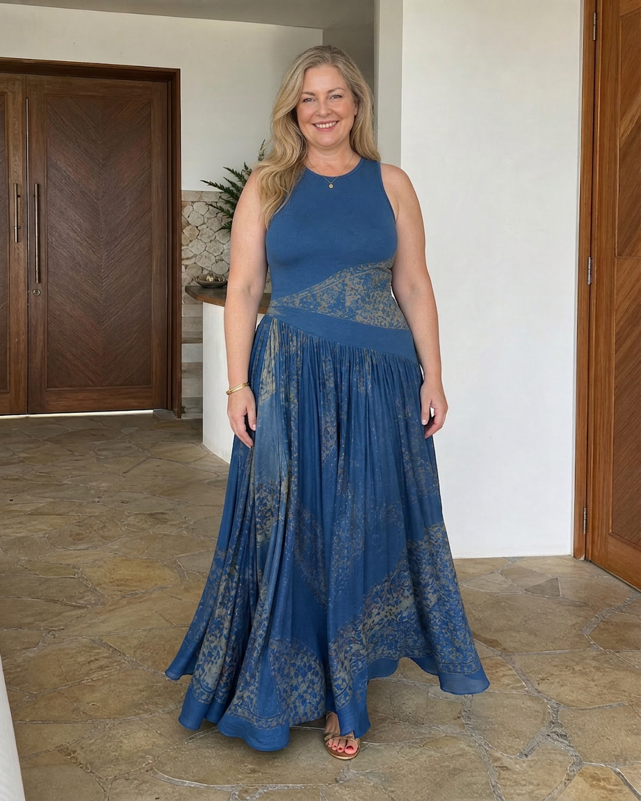 Velisse | Sleeveless Printed Bodice And Flowing Maxi Skirt Set - Plus size model