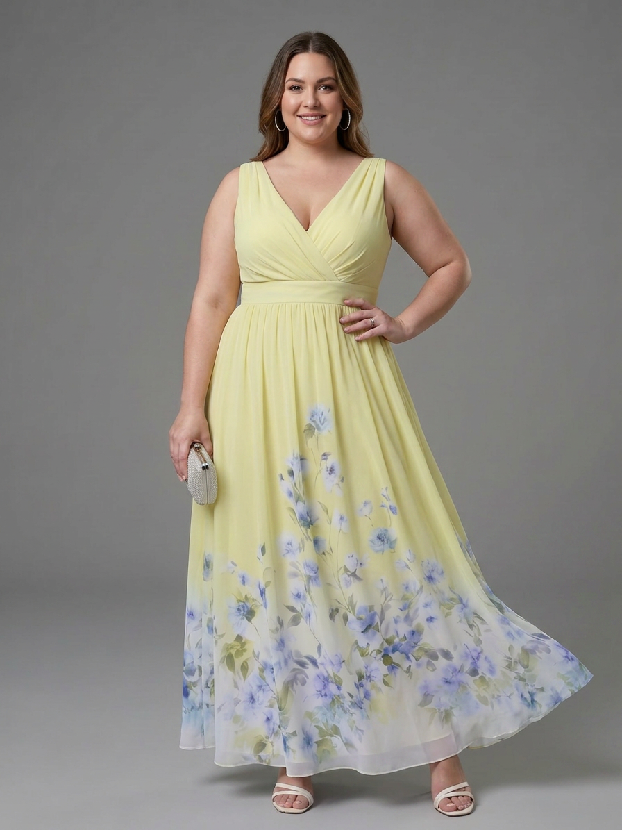 Clarissa | Sleeveless V Neck Soft Floral Hem Midi Dress - Plus size model