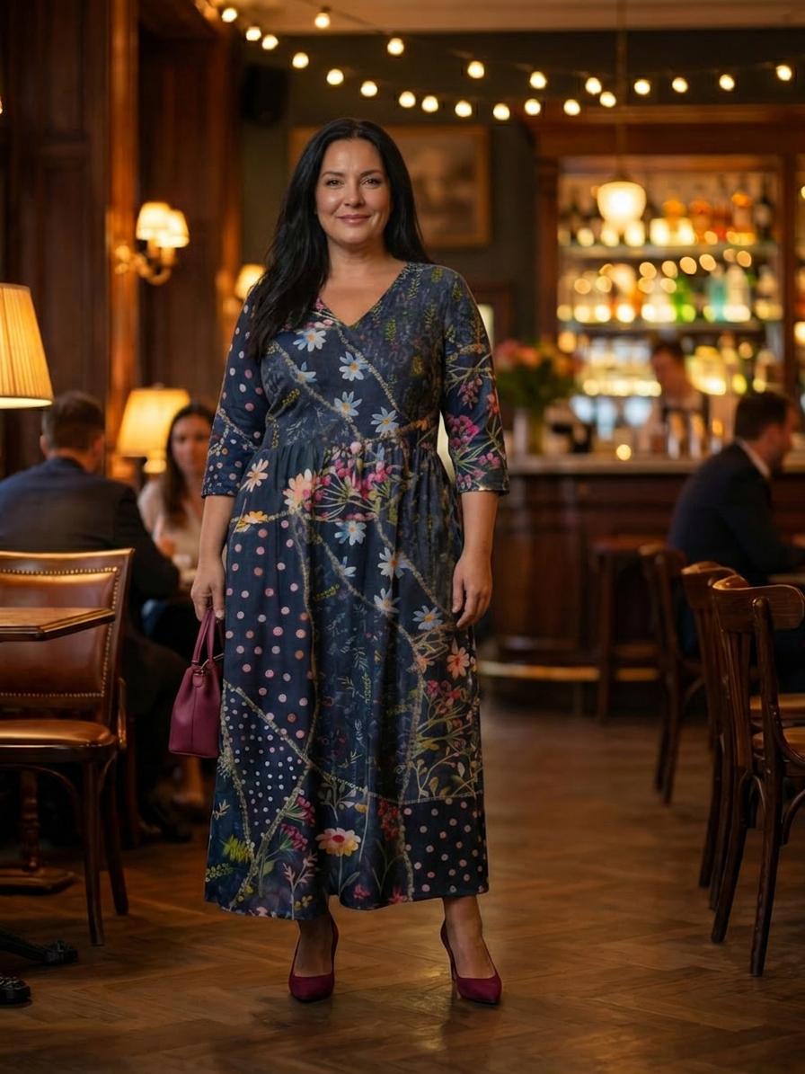 Zane | Easy Gather Floral Midi Dress - Plus size model