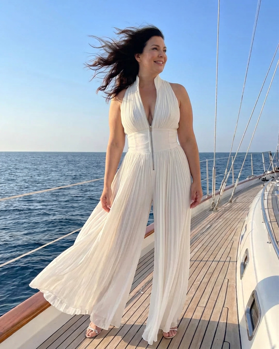 White sleeveless chiffon jumpsuit with V-neck, zip, and pleated wide-leg pants - Plus size model
