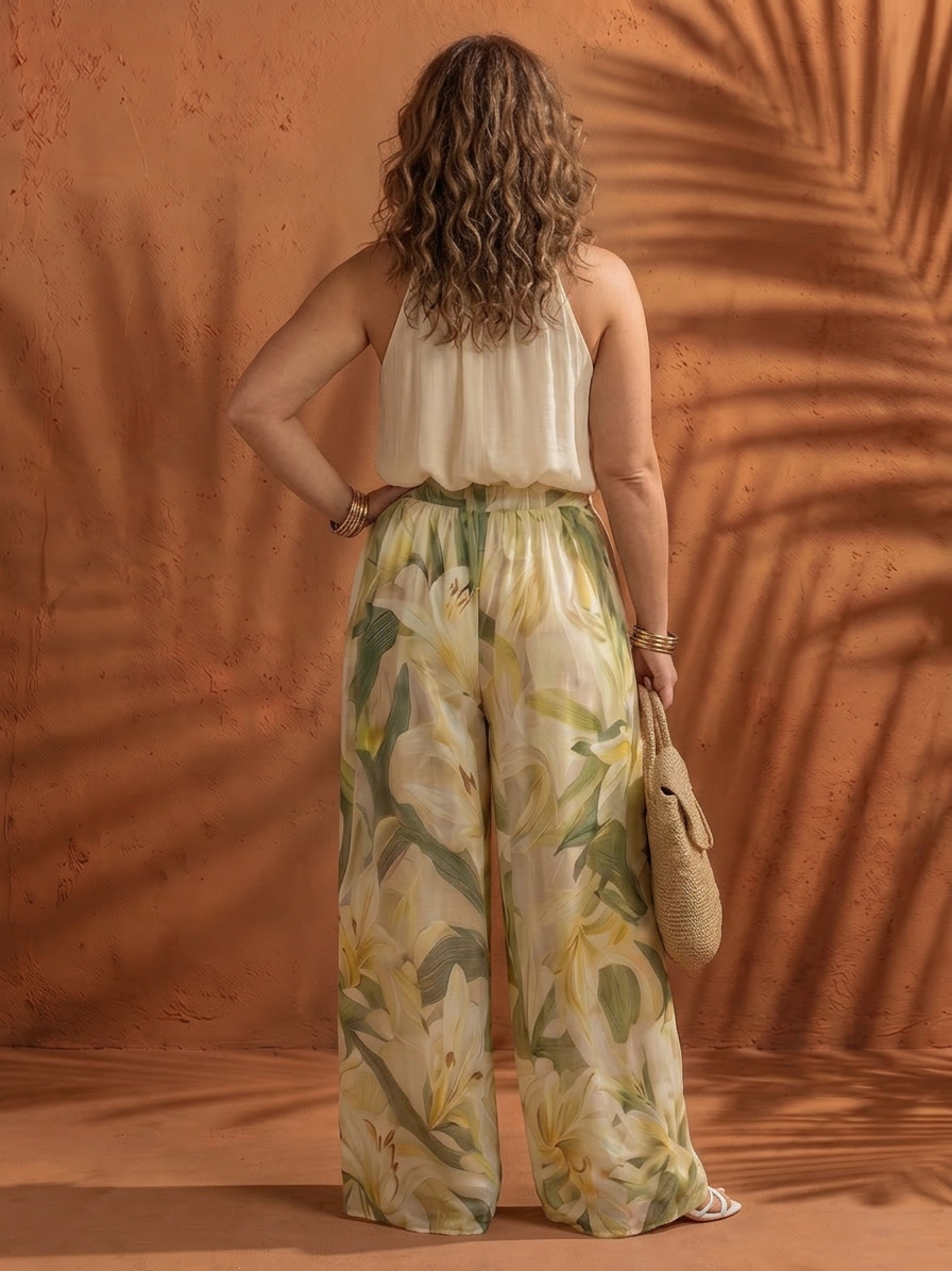 Solange | Halter Neck Blouse Floral Wide Leg Set - Plus size model