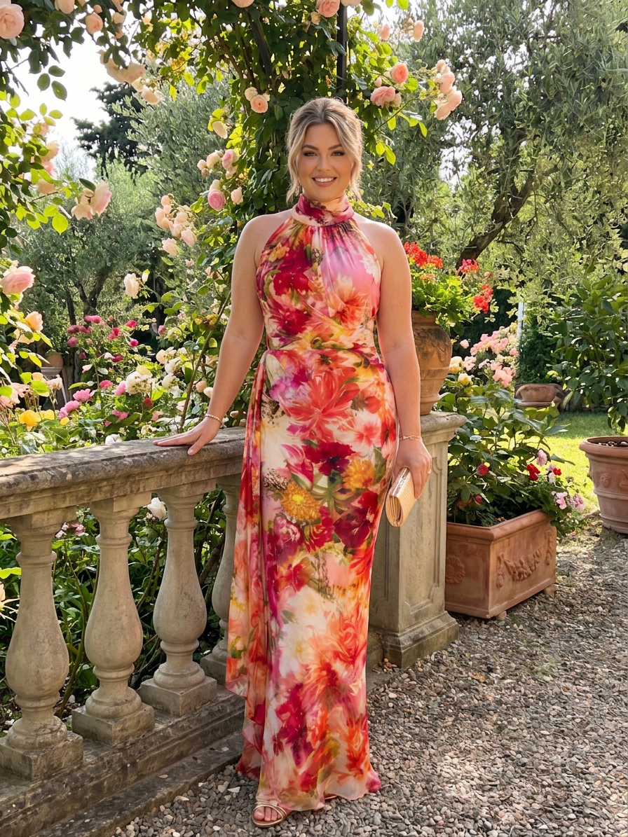 Elisabetta | Halter Neck Floral Print Maxi Dress - Plus size model