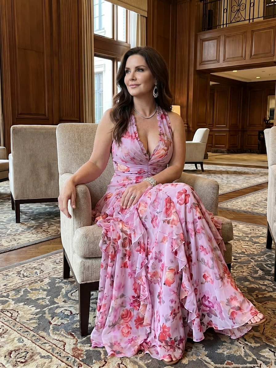 Nori | Halter Neck Ruched Bodice Floral Maxi Dress - Plus size model