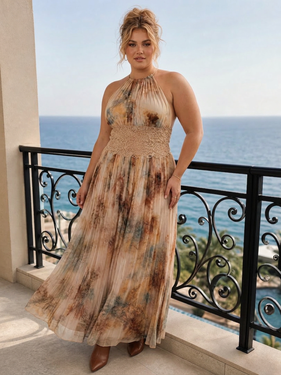 Elavenue | Halter Neck Lace Waist Maxi Dress - Plus size model