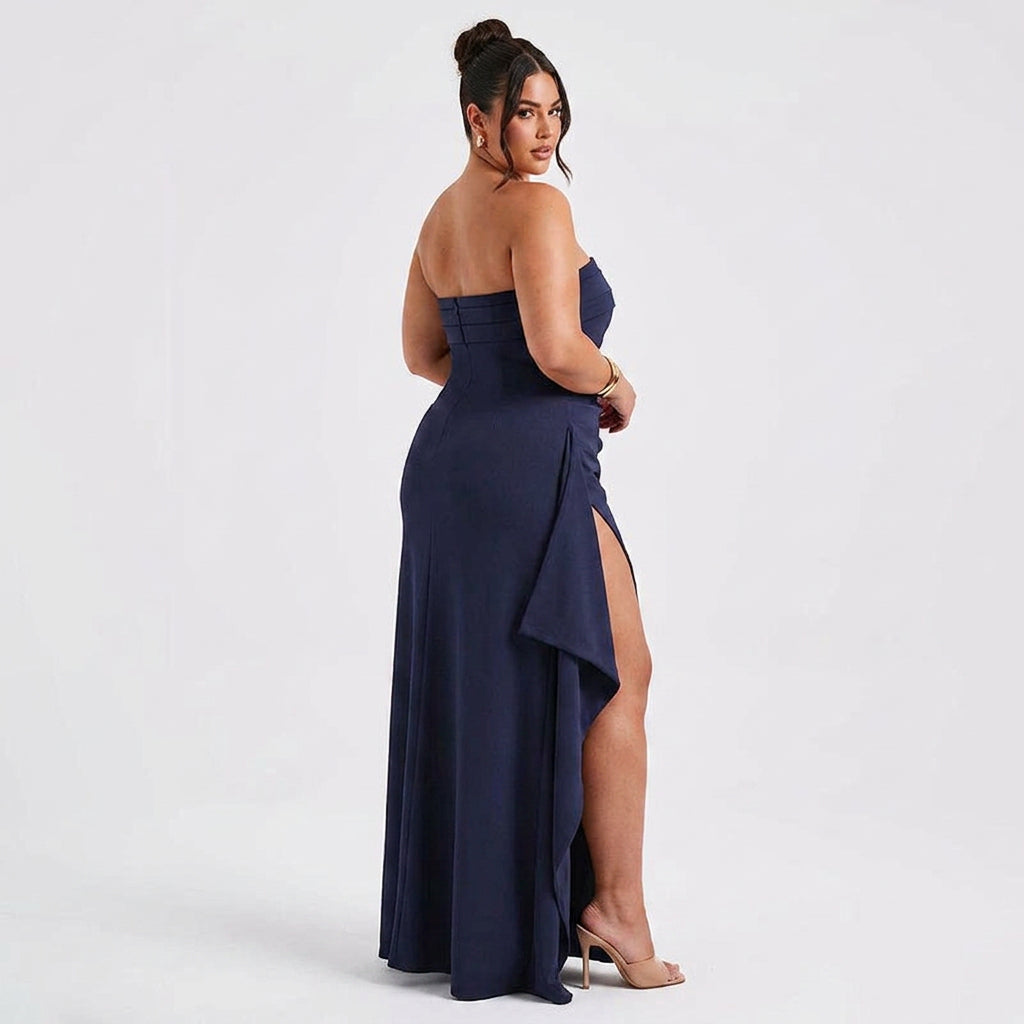 Maxine | Elegant Strapless Ruched High-Slit Maxi Dress - Plus size model