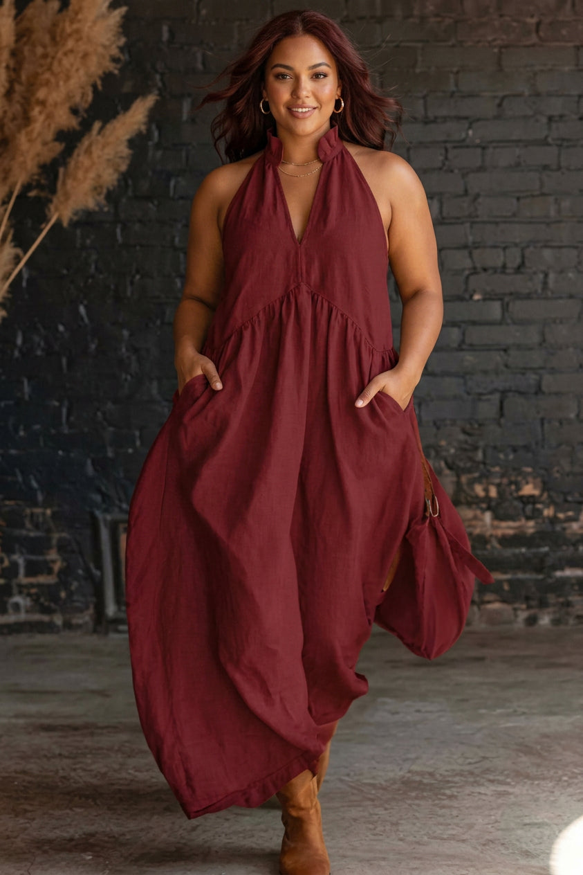 Morgan - Bohemian Halter V-Neck Linen Maxi Dress - Plus size model