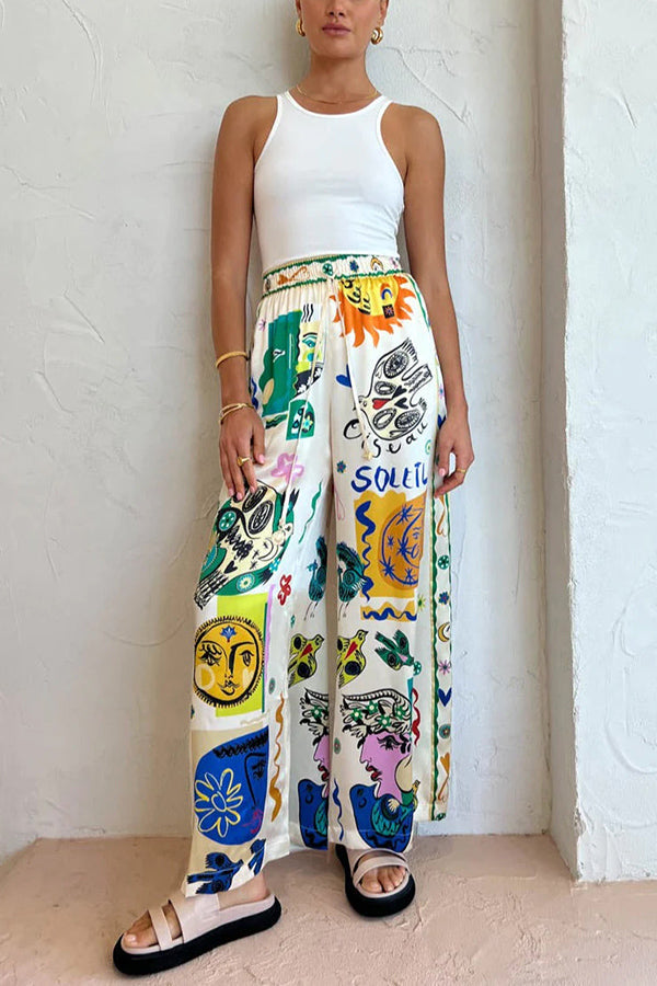 Alexis - Meralda Unique Print Elastic Waist Pocketed Wide Leg Pants