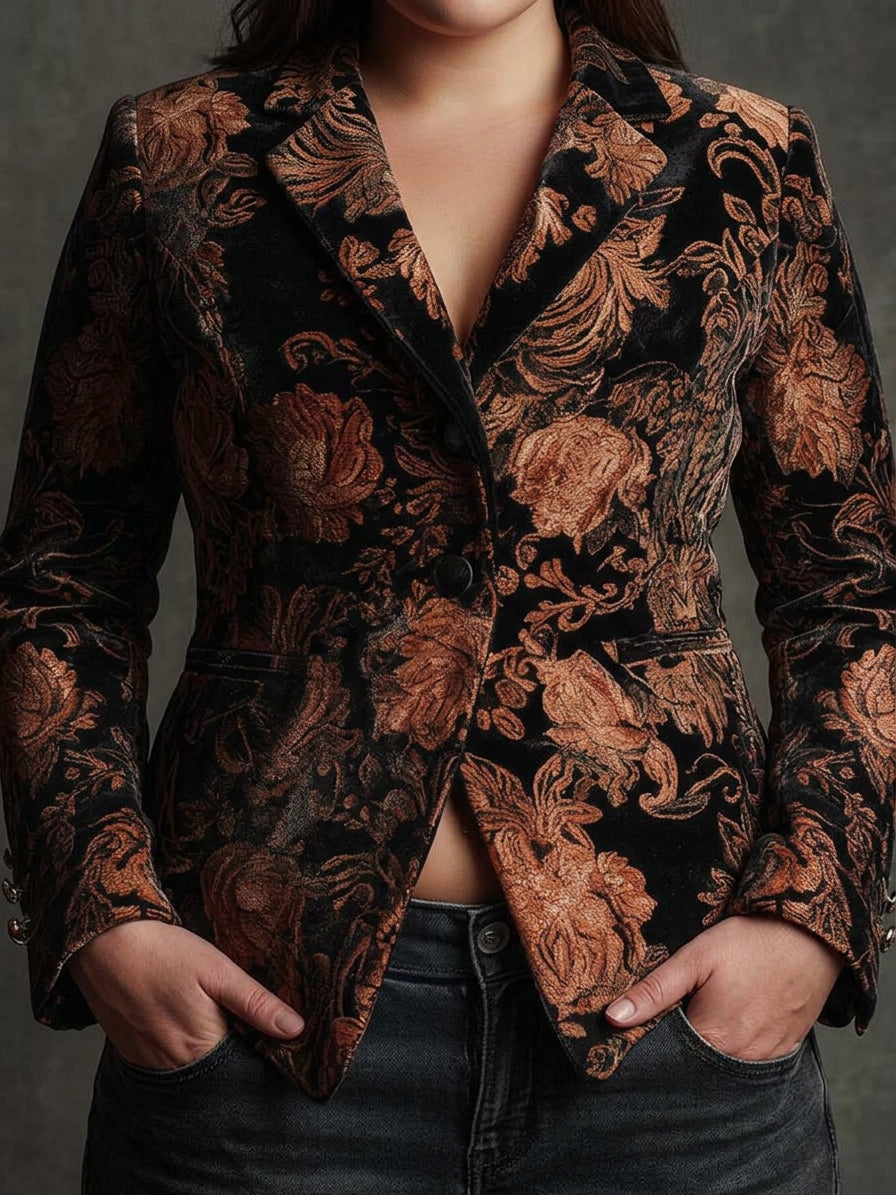 Women’s Black And Bronze Floral Print Tailored Blazer - Plus size model
