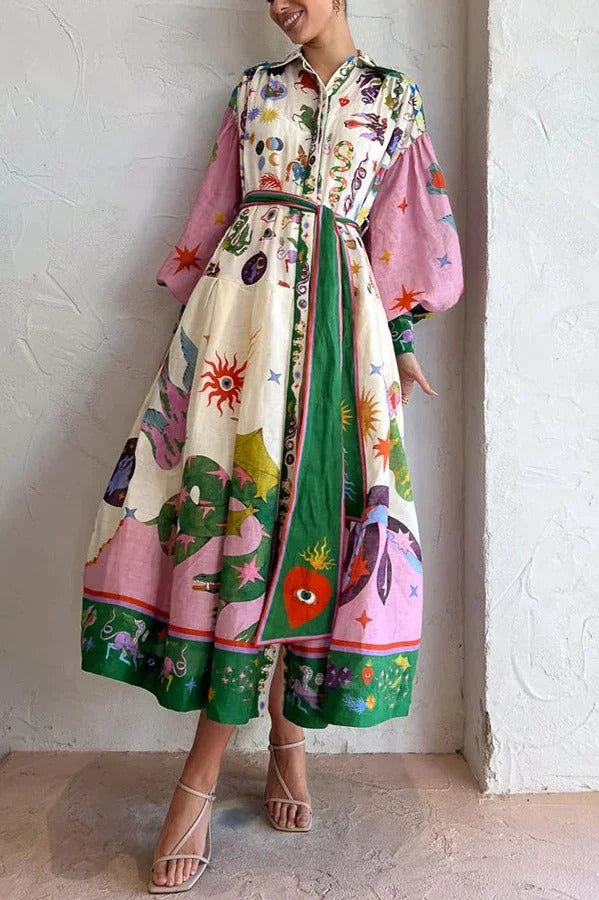 Crystal - Retro French court style pleated maxi print dress
