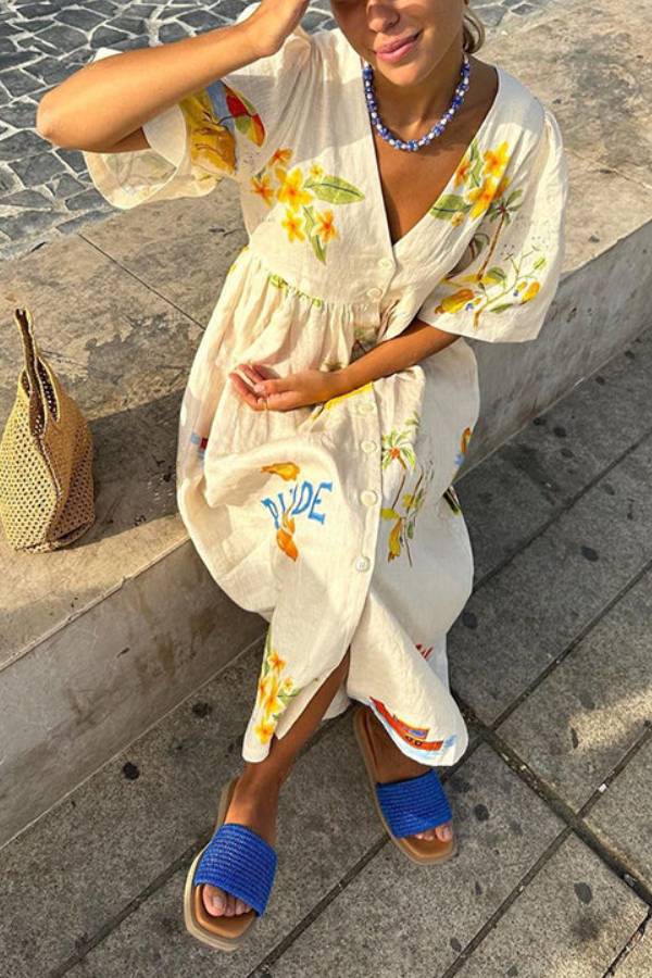 Haley - Printed Linen Midi Dress