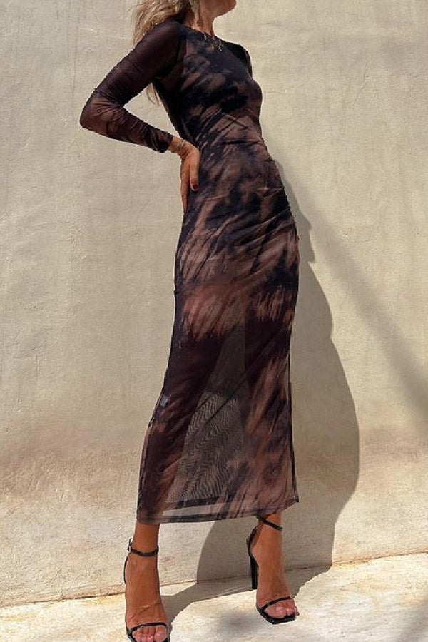 Jasmine - Charm Lady Mesh Overlay Tie Dye Print Long Sleeve Ruched Stretch Midi Dress