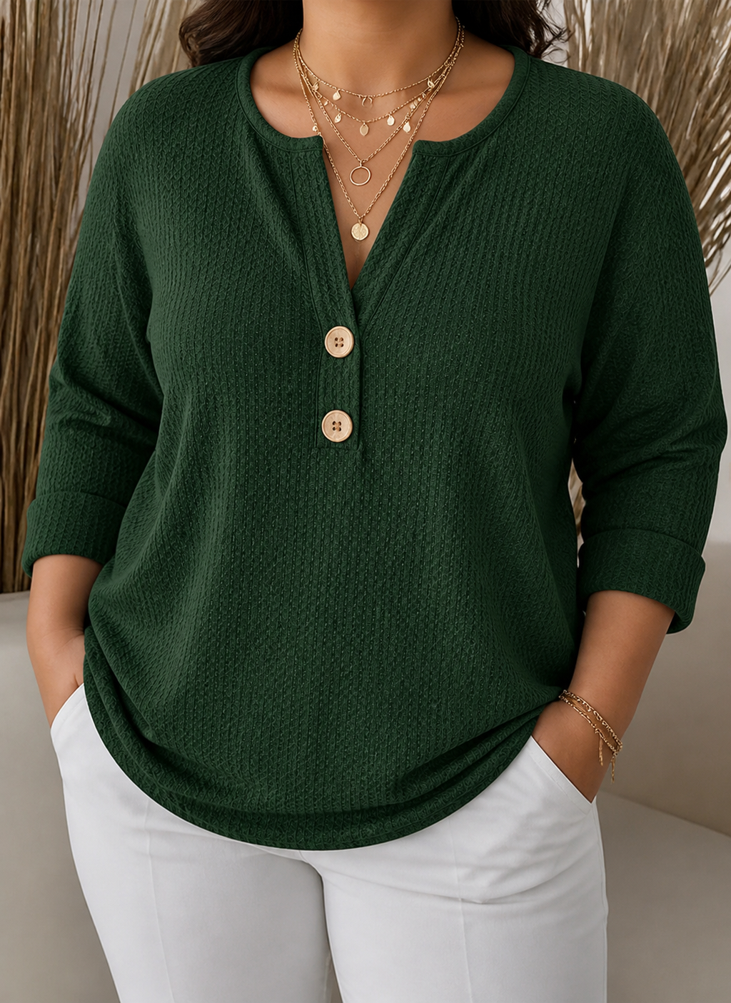 Lucinda | Henley Button Top - Plus size model