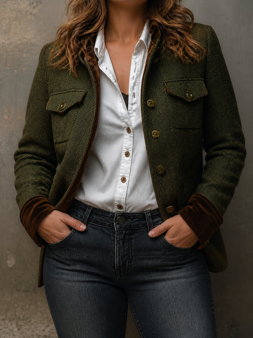 Women’s Vintage Herringbone Contrast Trim Blazer - Plus size model