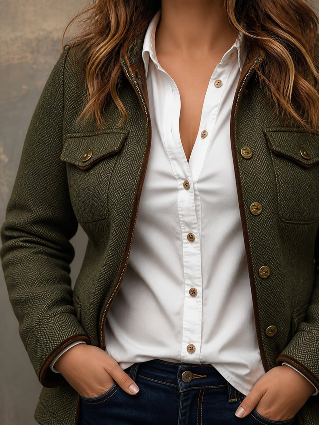 Women’s Vintage Herringbone Contrast Trim Blazer - Plus size model