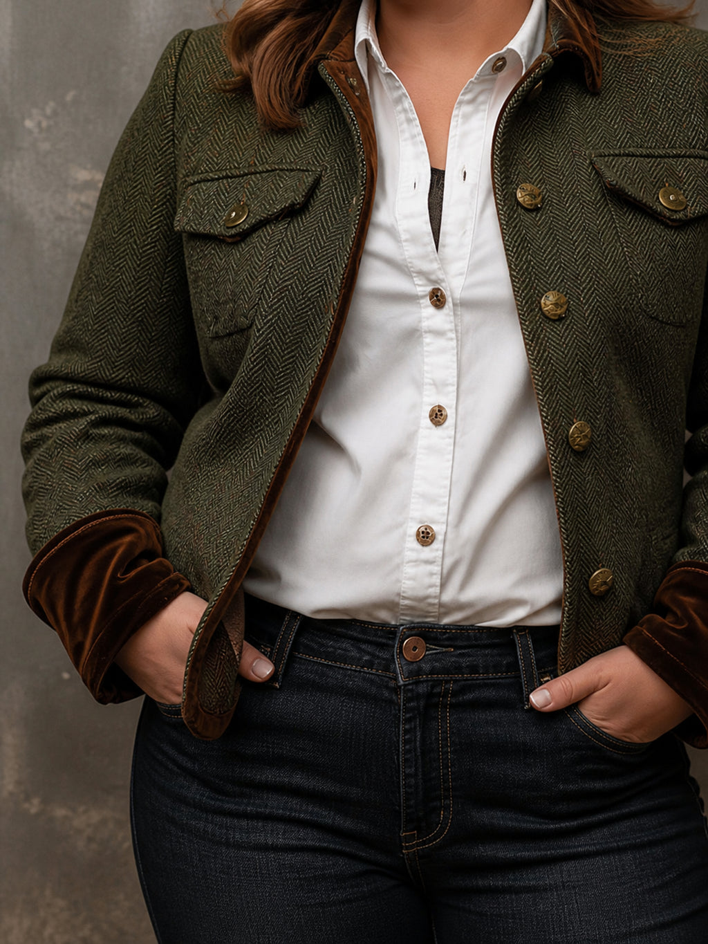 Women’s Vintage Herringbone Contrast Trim Blazer - Plus size model