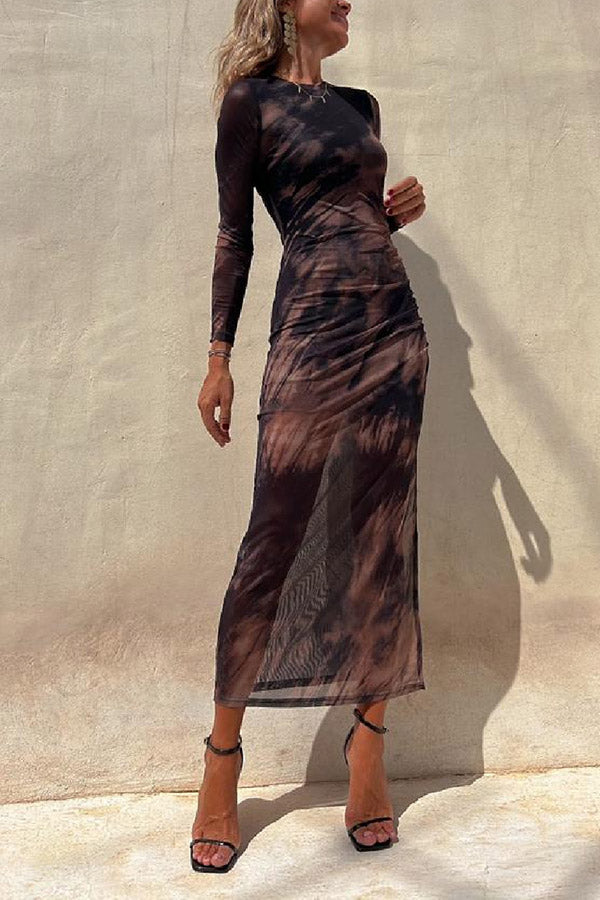 Jasmine - Charm Lady Mesh Overlay Tie Dye Print Long Sleeve Ruched Stretch Midi Dress
