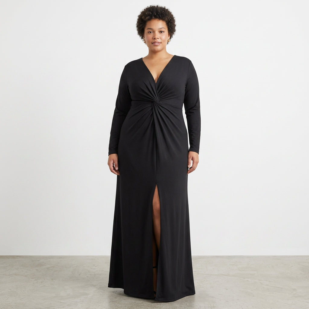 Valentina V-Neck Pleated Dress: Elegant Slim Fit Evening Style - Plus size model